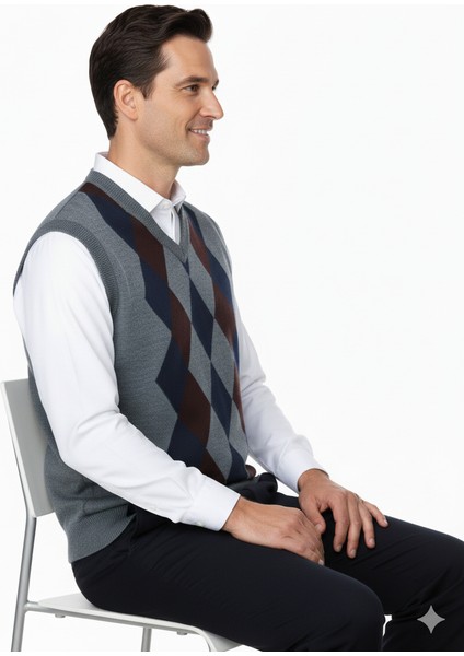 Erkek Kışlık Süveter Rahat Kesim Triko Dokuma V Yaka Klasik Baklava Desenli indirimleri