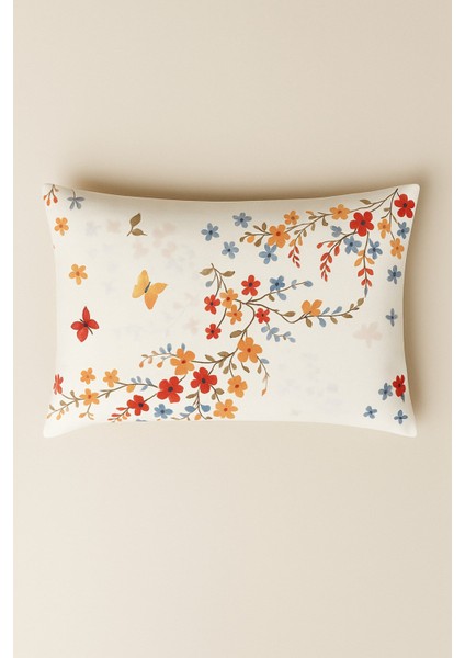 Kelebek 2 Li Kırmızı Desenli Pamuklu Kumaş Fermuarlı Yastık Kılıfı