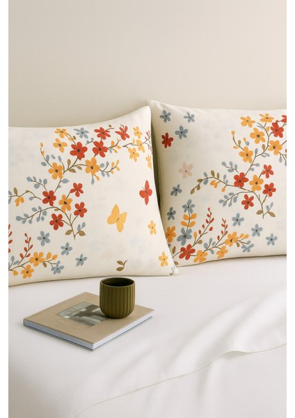 Kelebek 2 Li Kırmızı Desenli Pamuklu Kumaş Fermuarlı Yastık Kılıfı modelleri