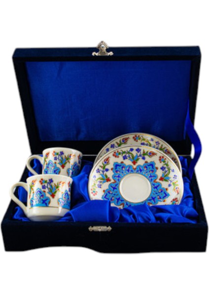 Kütahya Kahve Seti (5 Parça) - Porselen Tepsi + 2 Fincan + 2 Altlık - Kadife Hediye Kutusu fırsatları