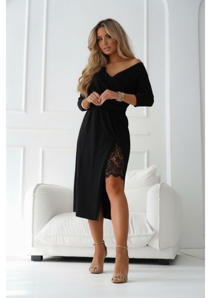 Kadın Uzun Kollu Kruvaze Yakalı Yandan Dantelli Midi Ithal Krep Elbise