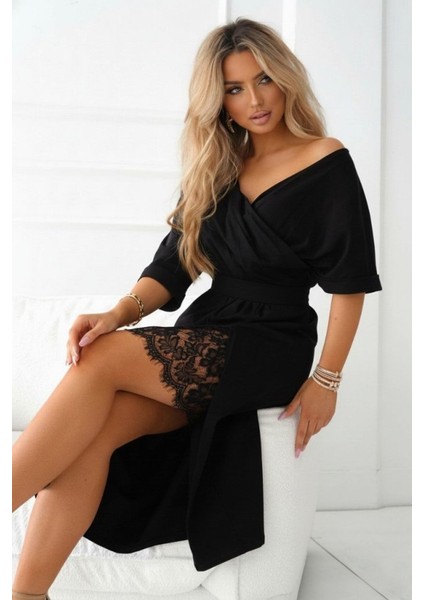 Kadın Uzun Kollu Kruvaze Yakalı Yandan Dantelli Midi Ithal Krep Elbise fiyatları