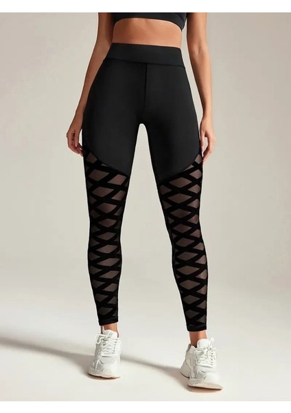 Kadın Yüksek Bel Çapraz Desen Tül Detaylı Spor Dalgıç Tayt indirimleri