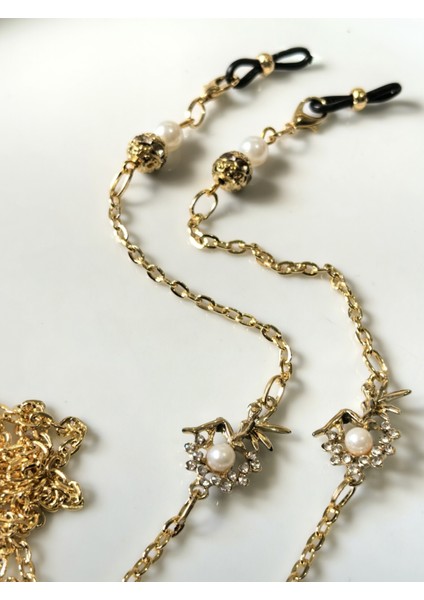 Gözlük Zinciri – Şans Perisi Figürlü, Inci ve Zirkon Taşlı, Altın Rengi