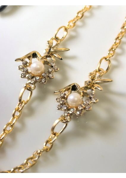 Gözlük Zinciri – Şans Perisi Figürlü, Inci ve Zirkon Taşlı, Altın Rengi indirimleri