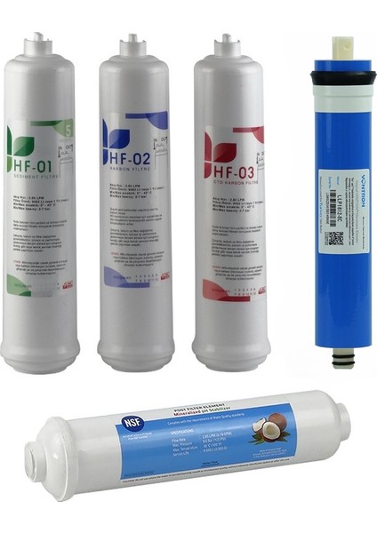 Kapalı Kasa (Inline) Su Arıtma Cihazlarına Uyumlu 5’li Filtre Seti | Orijinal Vontron Membran | Hindistan Cevizi Karbonlu
