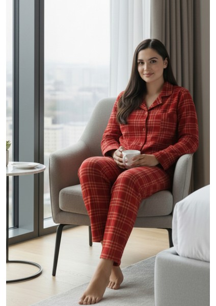 Luxury Soft Kırmızı Ekose Desenli Uzun Kollu Kadın Pijama Takımı – Büyük Beden 3018