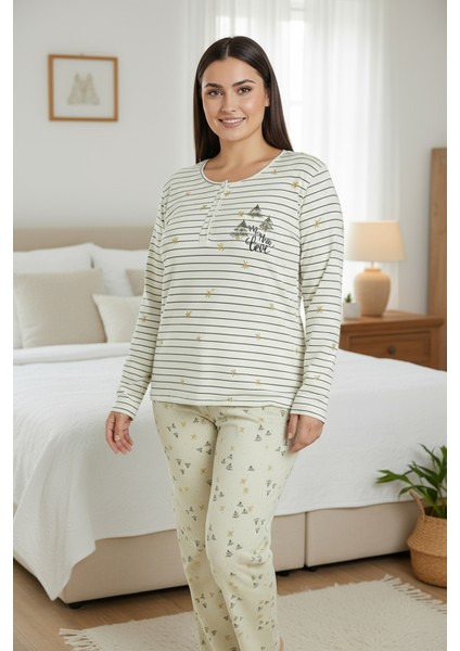Üstü Yatay Çizgili Altı Desenli Elite Viscose Uzun Büyük Beden Pijama Takımı Beyaz 3590 indirimleri
