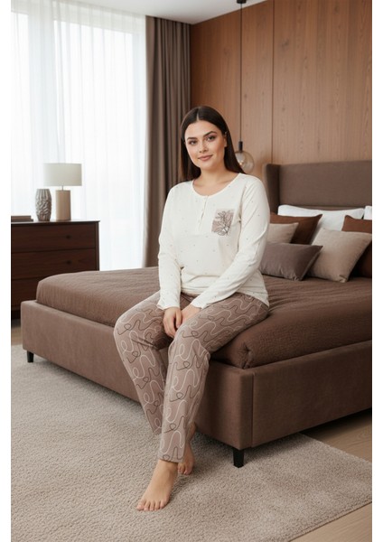 Üstü Puanlı Altı Çizgi Desenli Elite Viscose Uzun Büyük Beden Pijama Takımı Ekru 3585