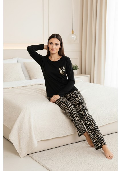 Üstü Yazılı Altı Kahverengi Zebra Desenli Elite Viscose Uzun Pijama Takımı Siyah 3553