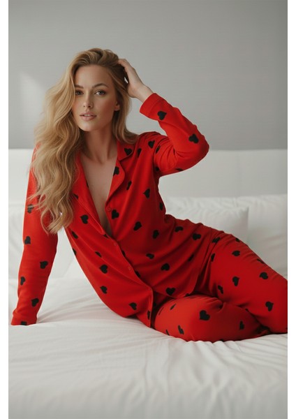 Süet Gömlek Pijama Takımı 7107 Kalpli Kırmızı