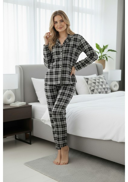 Luxury Viscose Lacivert Ekose Desenli Kadın Uzun Kollu Pijama Takımı – 42576 indirimleri