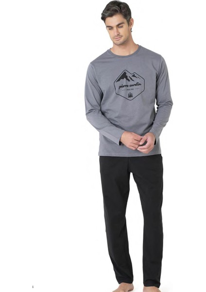 Erkek %100 Pamuk Pijama Takım, Bisiklet Yakalı, Uzunkol Pijama Takım