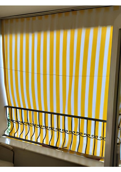 Lüks 1.Sınıf Eleleganse Kornişli Sarı-Beyaz Çizgili Özel Dikim Lüks Branda Balkon Perdesi fırsatları