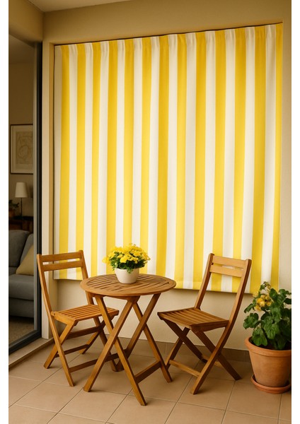 Lüks 1.Sınıf Eleleganse Kornişli Sarı-Beyaz Çizgili Özel Dikim Lüks Branda Balkon Perdesi indirimleri