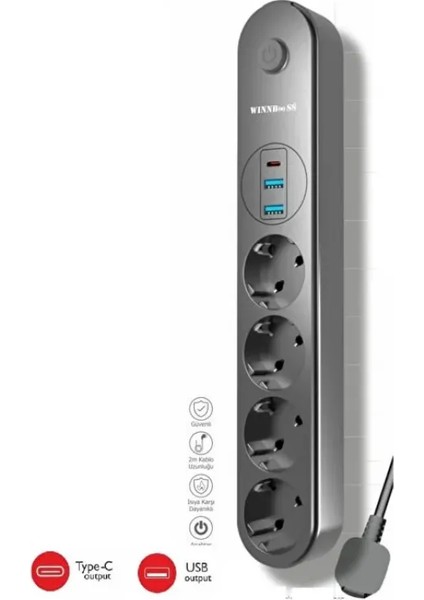 WINNBOSS Termal Akım Korumalı Usb Ve Type C 2.1a Şarj Çıkışlı 10a 2500w 4'lü Uzatma Grup Priz Siyah