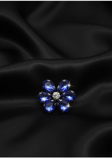 Sofistike Mavi Taşlı Çiçek Broş