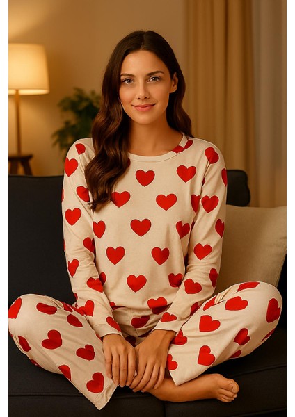 Kadın Yumuşak Dokulu Pijama Kalpli Süet Kadife Pamuklu