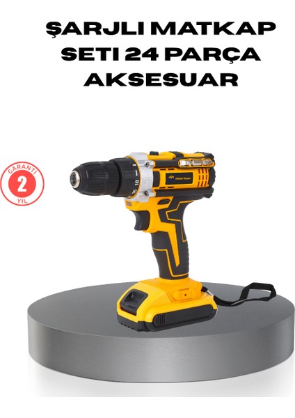 Çift Bataryalı Darbeli Şarjlı Matkap Seti – Metal Dişli, 24 Parça Aksesuar ve LED Işıklı