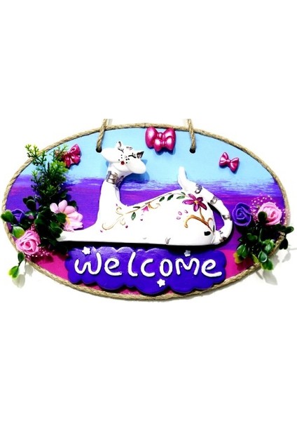 Kedi Figürlü Welcome Yazılı El Yapımı Kapı Süsü