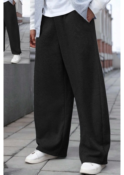 Büyük Beden Baggy Bol Tarz Lastikli&düz Paça Eşofman Altı Erkek / Kadın Gri-Siyah-Füme Şardonlu