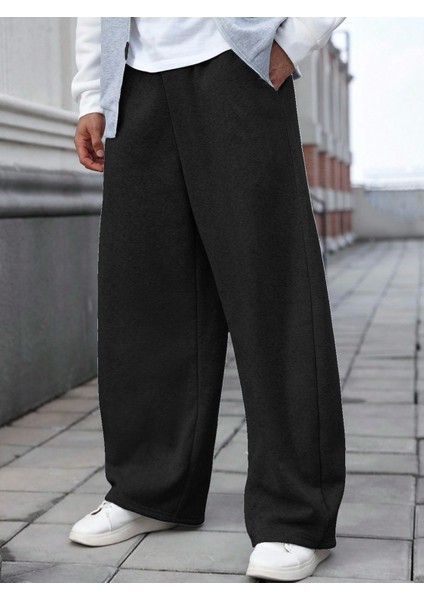 Büyük Beden Baggy Bol Tarz Lastikli&düz Paça Eşofman Altı Erkek / Kadın Gri-Siyah-Füme Şardonlu