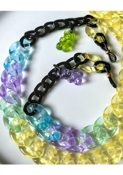 Gözlük Zinciri – Sarı Akrilik & Siyah Alüminyum, Ayıcık Charm – Thinblack Şeker Serisi