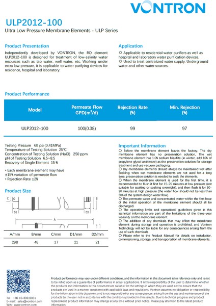 Orijinal Vontron 100 Gpd Membran
