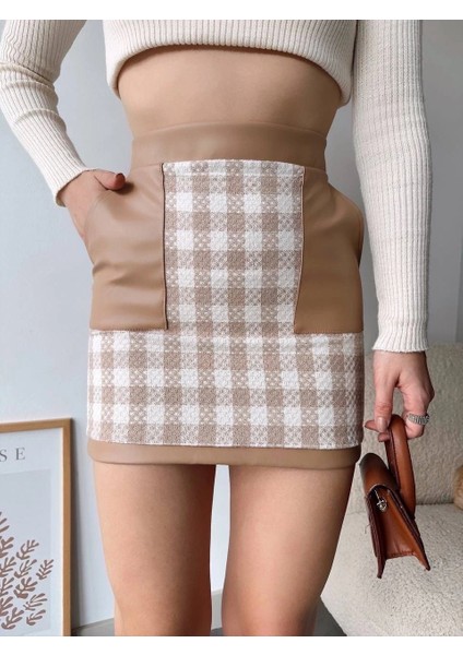 Deri Cep Garnili Kaşe Etek Bej H24604