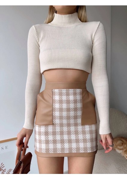 Deri Cep Garnili Kaşe Etek Bej H24604 modelleri