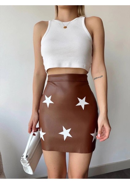 Yıldız Baskılı Deri Etek Kahve