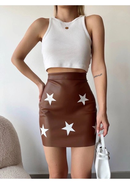Yıldız Baskılı Deri Etek Kahve modelleri