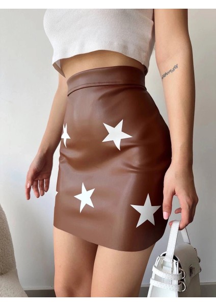 Yıldız Baskılı Deri Etek Kahve fırsatları