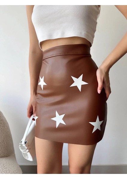 Yıldız Baskılı Deri Etek Kahve indirimleri