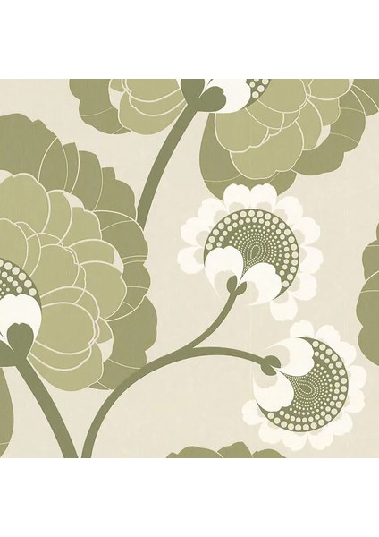 Krem Zemin Yeşil Çiçek Duvar Kağıdı