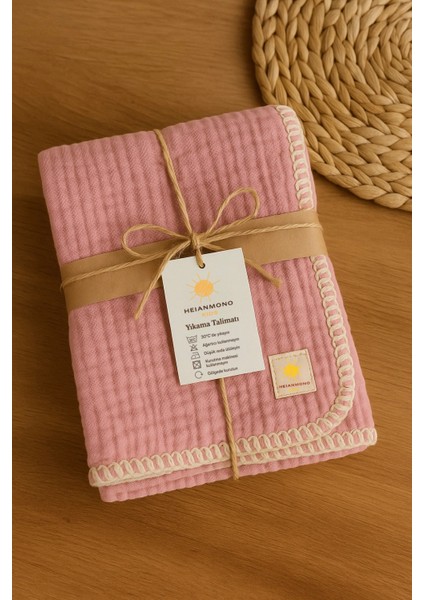 4 Kat Çoban Dikişli Pembe Müslin Bebek % 100 Pamuk Battaniye (100X120 Cm)