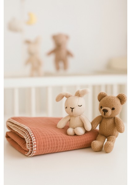 4 Kat Çoban Dikişli Kiremit Rengi %100 Pamuk Müslin Bebek Battaniye (100X120 Cm)