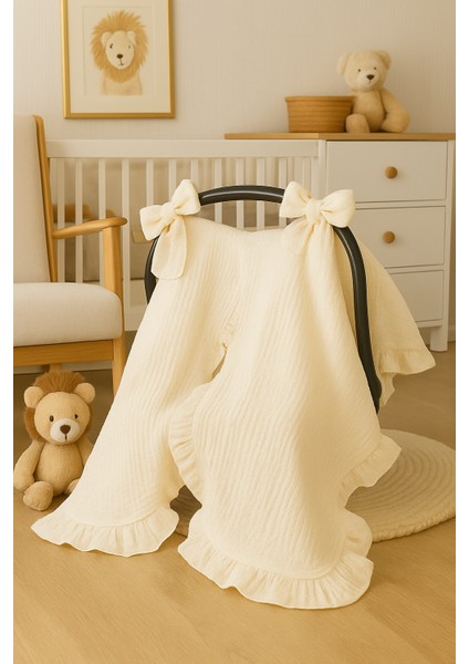 4 Kat Fırfılı Krem Rengi %100 Pamuk Müslin Puset Örtüsü