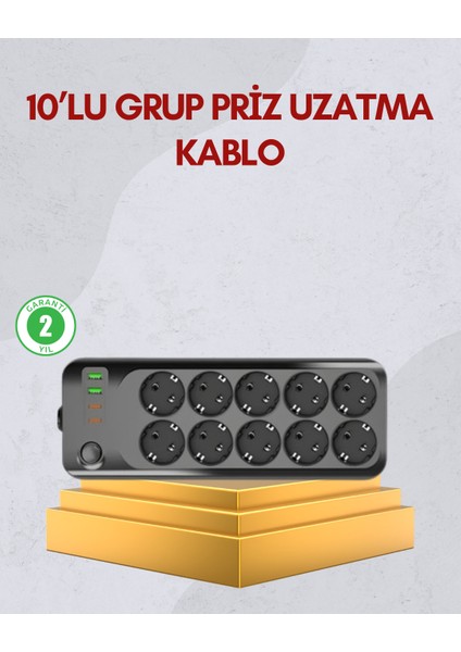 10 Prizli Uzatma Kablosu Termal Koruma USB Type-C Hızlı Şarj 2500W