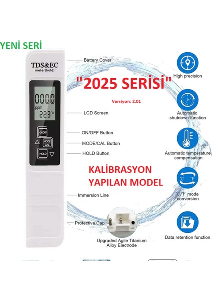 Tds Ölçer Su Kalitesi Ölçüm Cihazı, Kalibrasyon Özellikli, 2025 Model