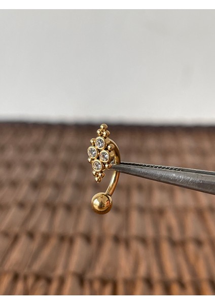 316 L Cerrahi Çelik Üstten Taşlı Toplu Mod1 Altın Göbek Piercing
