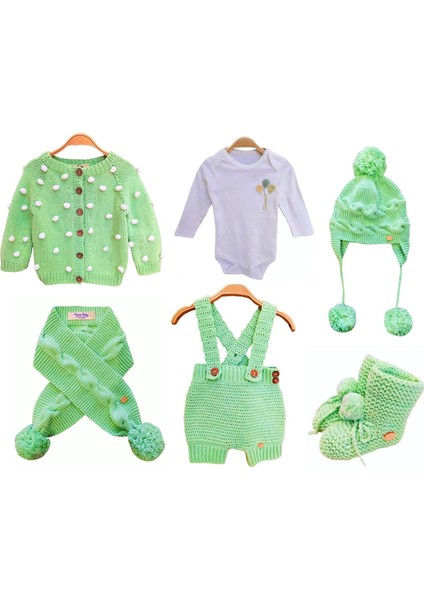 El Örgüsü %100 Pamuk Yeşil Ponponlu Hırka