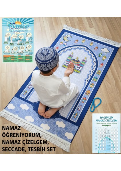 Namaz öğreniyorum ve çizelgesi tesbih hediyeli Büyük Boy 45X90 Kız Erkek Çocuk Namaza Ilk Adım Çocuk Seccadesi Eğlenceli Dekoratif Namazlık hediyelik