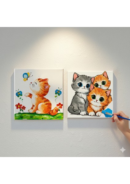 2'li Tuval Boyama Seti 20 x 20 cm Uv Baskı Sevimli Karakterler + 6 Akrilik Boya + 1 Fırça