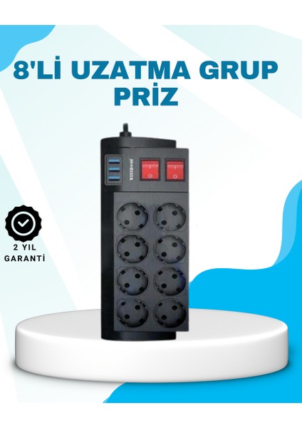 Mtxdpn Isıya Dalı Termal Akım Korumalı 8'li Priz ve 3 USB Girişli Uzatma Kablosu