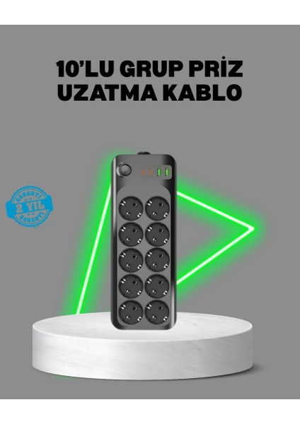 Mtxdpn Termal Akım Korumalı 10’lu Grup Priz USB Type-C Hızlı Şarj 2500W 2m Kablo