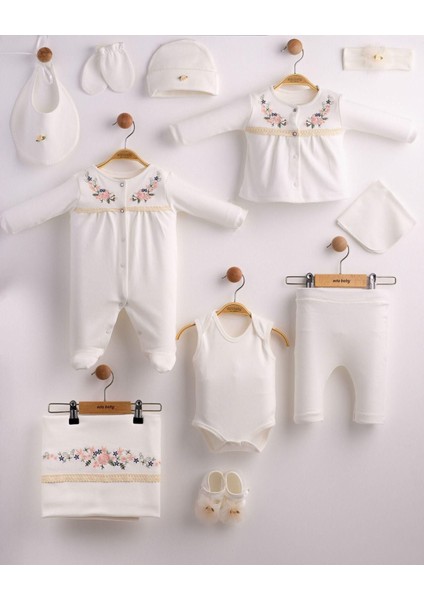 Sıralı Çiçekli 10'lu Organik Hastane Çıkış Seti %100 Pamuk Yenidoğan 10'lu Takım