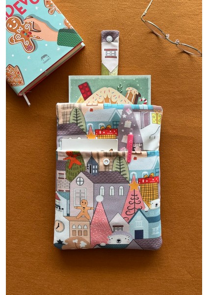 Kış Evleri Cepli Keten Kumaş Kitap Koruma Kılıfı Kitap Sever Hediyesi