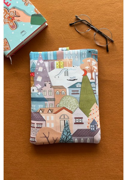 Kış Evleri Cepli Keten Kumaş Kitap Koruma Kılıfı Kitap Sever Hediyesi modelleri