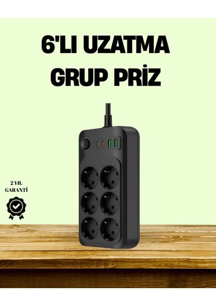 Mtxdpn 2500W Güçlü 6’lı Priz USB ve Type-C Çıkışlı Termal Korumalı